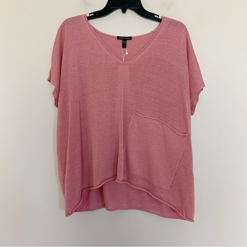 Eileen Fisher Blossom Pink Organic Linen Cotton V-Neck Square Top Large